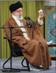  ?? (AP/Office of the Iranian Supreme Leader) ?? Supreme Leader Ayatollah Ali Khamenei speaks during a meeting with a group of Basij paramilita­ry forces Saturday in Tehran, Iran.