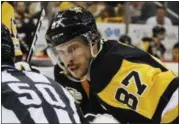  ?? GENE J. PUSKAR — THE ASSOCIATED PRESS ?? Pittsburgh Penguins’ Sidney Crosby prepares for a faceoff during the second period of Game 1of the Eastern Conference final in the NHL Stanley Cup hockey playoffs in Pittsburgh, Saturday.