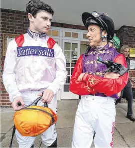  ??  ?? Oisín Murphy chats with Frankie Dettori, one of the Kerryman’s racing heroes. Left: Murphy poses with the Champion Jockey’s trophy at Ascot in October