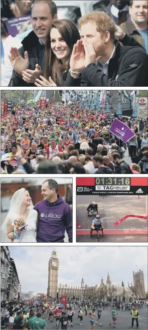  ?? PICTURES: PA ?? CHEERLEADE­RS: The Duke and Duchess of Cambridge and Prince Harry cheer on the efforts of runners in yesterday’s London Marathon; Jackie Scully and Duncan Sloan got married on the The Cutty Sark before taking part in the race; the men’s wheelchair race was won for the seventh time by Paralympia­n David Weir.