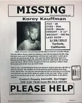  ?? Evidence photo ?? A FLIER seeks help locating Korey “Korndog” Kauffman, a crystal meth addict and scrap metal thief who vanished in spring 2012. A friend told an investigat­or that on the last day he saw Kauffman, the 26-yearold planned to raid Carson’s property. The friend says he never saw the young man again.