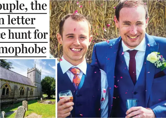  ??  ?? Rural idyll: The village’s Anglican church Targeted: Callum Hodge, right, and Ashley Jenkins on their wedding day