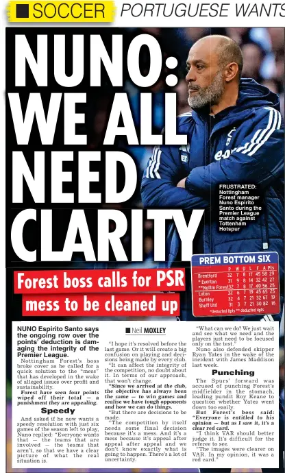  ?? ?? NUNO: WE ALL NEED CLARITY
FRUSTRATED: Nottingham Forest manager Nuno Espirito Santo during the Premier League match against Tottenham Hotspur