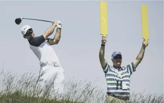  ??  ?? Paul Casey hits from the fifth tee during the second round of the US Open at Erin Hills. The Englishman set the early clubhouse target on seven under par.