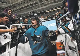  ?? Brandon Magnus / NHLI via Getty Images ?? Patrick Marleau takes the ice before the Sharks’ game against the Flames at SAP Center. The crowd gave a standing ovation to the franchise’s career leader in games and goals.