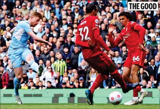  ?? REUTERS ?? King Kev: Matip and Alexander-Arnold (right) are powerless to stop De Bruyne from firing City in front after five minutes