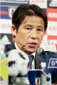  ??  ?? Akira Nishino speaks during an announceme­nt of his team’s squad for the May 30 friendly match against Ghana at a hotel in Tokyo. — AFP photo