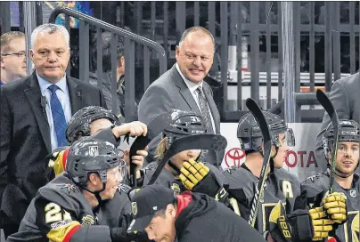  ?? JEFF BOTTARI/VEGAS GOLDEN KNIGHTS PHOTO ?? Summerside’s Gerard Gallant, head coach of the Vegas Golden Knights, and assistant coach Mike Kelly of Shamrock, P.E.I., have guided the first-year franchise to new heights for an NHL expansion club.