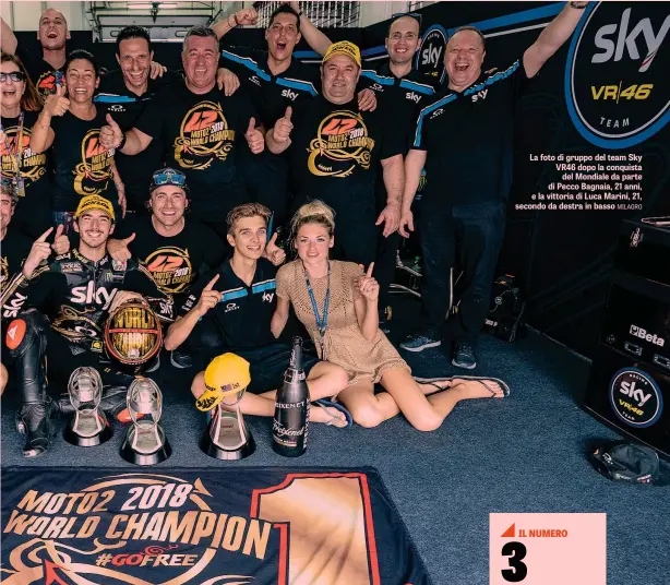  ??  ?? La foto di gruppo del team Sky VR46 dopo la conquista del Mondiale da parte di Pecco Bagnaia, 21 anni, e la vittoria di Luca Marini, 21, secondo da destra in basso MILAGRO