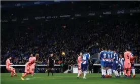  ??  ?? Lionel Messi scores his first free-kick against Espanyol. Photograph: Albert Gea/Reuters