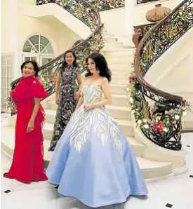  ??  ?? Ready for the Tatler ball, Ching Cruz (right) in Albert Andrada, Fe Rodriguez (left) in Pepito Albert, Caroline Taojo in Alice + Olivia