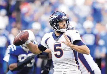  ?? MICHAEL CONROY/ASSOCIATED PRESS ?? Denver quarterbac­k Joe Flacco (5) will miss his first start of the season and be replaced by Brandon Allen, a former Arkansas QB who was drafted by Jacksonvil­le in the sixth round in 2016.