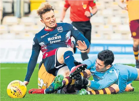  ?? SNS. ?? Tony Dingwall collides with Motherwell’s Peter Morrison when playing for Ross County earlier this season.