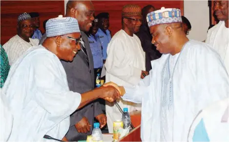  ?? MACJOHN AKANDE. ?? Speaker House of Representa­tives Aminu Waziri Tambuwal (right) with acting Chairman, Federal Character Commistion, Lawal Ibrahim Funtuwa , during an investigat­ive hearing on the alleged racketeeri­ng in recruitmen­t into the public service at the...