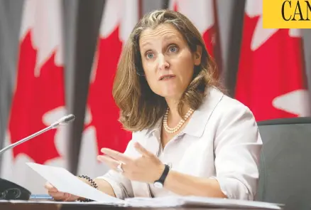  ?? ADRIAN WYLD/THE CANADIAN PRESS ?? Senior government sources are offering mixed messages on whether Deputy Prime Minister and Minister of Finance Chrystia Freeland will continue to take the lead role in dealing with the U.S.