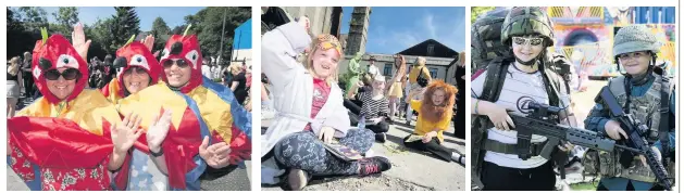  ??  ?? ●● Trish Dobbs, Sandra Hall and June Gent from St Saviours, above left, Royal Court Theatre’s Cerys Pearson, Jessica Harrison and Emily Chapman, centre, and youngsters at the Veterans Living Museum