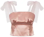  ??  ?? MS pink corset bow shoulder camisole top, £25, Miss Selfridge.