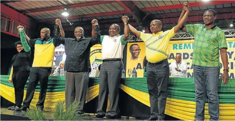  ?? Picture: Simphiwe Nkwali ?? The newly elected ANC top six: Jessie Duarte, Ace Magashule, Gwede Mantashe, Cyril Ramaphosa, David Mabuza and Paul Mashatile during the ANC elective conference at Nasrec, Johannesbu­rg.