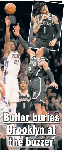  ?? Paul J. Bereswill (2) ?? MR. BIG SHOT: D’Angelo Russell (inset), who scored a game-high 38, reacts after Jimmy Butler hit the game-winning shot over Rondae Hollis-Jefferson in the Nets’ 127-125 loss to the 76ers.