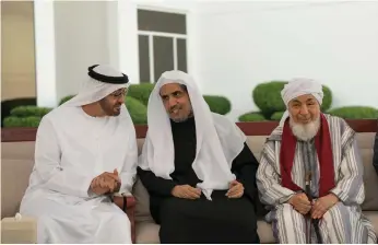  ?? Rashed Al Mansoori / Crown Prince Court - Abu Dhabi ?? Sheikh Mohammed bin Zayed, Crown Prince of Abu Dhabi and Deputy Supreme Commander of the Armed Forces, receives members of Promoting Peace in Muslim Societies, during a Sea Palace barza. Sheikh Abdullah bin Bayyah is on the right