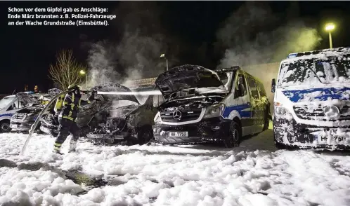  ??  ?? Schon vor dem Gipfel gab es Anschläge: Ende März brannten z. B. Polizei-Fahrzeuge an der Wache Grundstraß­e (Eimsbüttel).