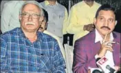  ?? HT PHOTO ?? Ashok Gajapathi Raju and YS Chowdary speak to the media after submitting their resignatio­ns on Thursday.