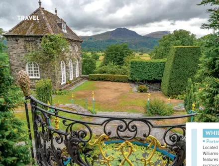  ??  ?? The rough-dressed rubble Orangery and surroundin­g countrysid­e as seen from Plas Brondanw’s forecourt; in a section of the garden known as Cupid’s Folly, blue-leafed hosta softens the lines of the hedges while echoing the colour of the stone niches. LEFT, AND BELOW