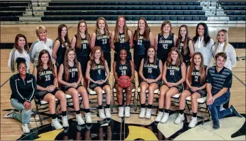  ?? DOUG SMITH / OnFirePhot­o.com ?? Calhoun girls team mambers for 2017-18 are: (front row, from left) Manager Adasha Lind, Erin Kelly, Jalen Holland, Railey Greeson, Erin Davis, Sophie Stewart, Emily Sorrow, Ashlyn Brzozoski, manager Chris Parker; (back row, from left) assistant coach...