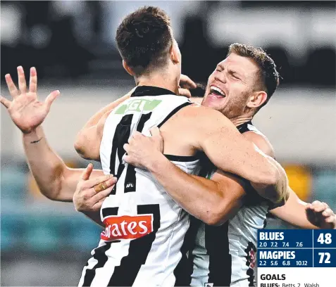  ?? Picture: GETTY ?? ELATED: Brody Mihocek celebrates a goal with Taylor Adams in the win over Carlton.