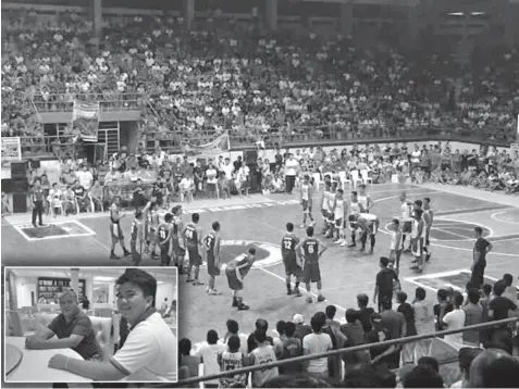  ??  ?? A sea of 10,000-plus crowd witnessed the championsh­ip match of the 9th Emil's Fresh Chicken Cup inter-commercial basketball tournament recently at the Minglanill­a Sports Complex. Inset photo, Cebuano businessma­n/sportsman Jerry Oberes (L) and son Emil...