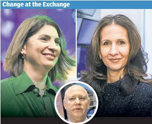  ?? ?? In a surprise move, New York Stock Exchange prez Stacey Cunningham (left) is out — replaced by Lynn Martin (right). The announceme­nt from Jeffrey Sprecher (center) said he’s also leaving his role as NYSE chairman.