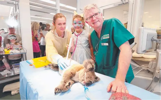  ??  ?? Dr Michael Pyne and nurse Natasha Graham with Luella Grant (5) doing a check-up on a koala at the Currumbin Wildlife Hospital open day. Pictures: RICHARD GOSLING