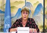  ?? U.N. HIGH COMMISSION­ER FOR HUMAN RIGHTS VIA AP ?? U.N. human rights commission­er Michelle Bachelet speaks during a videoconfe­rence Saturday.