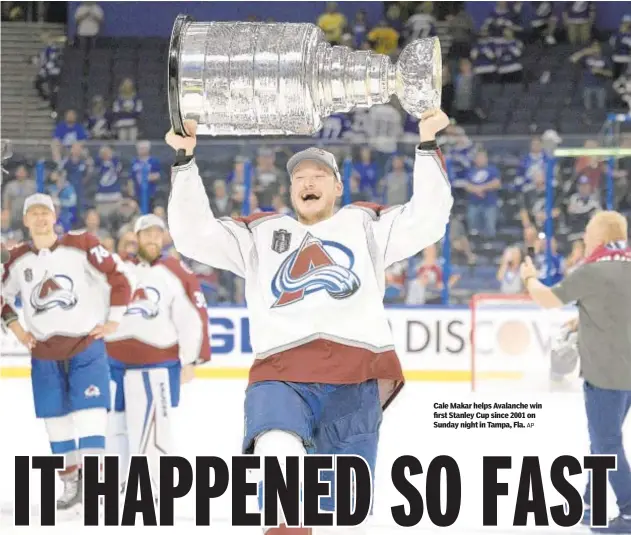  ?? AP ?? Cale Makar helps Avalanche win first Stanley Cup since 2001 on Sunday night in Tampa, Fla.