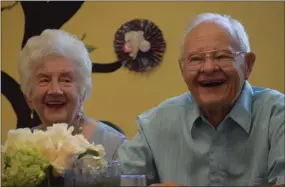  ?? MARIAN DENNIS — MEDIANEWS GROUP ?? Martha and Chester Pish smile at their friends and family Friday as they enjoy celebratin­g their 77th wedding anniversar­y.