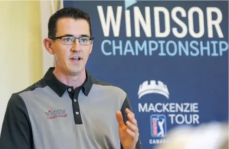 ?? DAN JANISSE ?? Ryan Robillard, head golf profession­al at Ambassador Golf Club, unveils details of the upcoming Windsor Championsh­ip during a news conference Tuesday. The Mackenzie Tour-PGA Tour Canada event features 156 golfers vying for their share of a prize purse of $200,000.