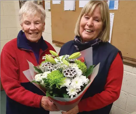  ??  ?? Laytown P & P member Anne Bird (on the right) who was awarded Club Person of the Year being presented with a bouquet by Esther Andrews.