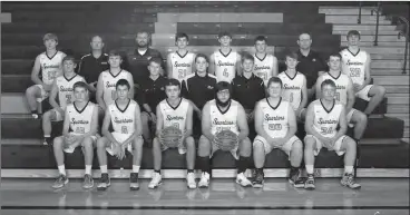  ?? Kaszak Photograph­y ?? Class D1 State Tourney NP St. Pat’s- 59-47 L
The 2020-2021 Ansley-Litchfield Spartans Boys Basketball Team from bottom row left are: Ryan Bailey, Joshua Lewis, Mike Smith, Noah Miller, Javob Heapy, and Ashoton Behmerwohl­d. Second Row: Calvin Finley, Jackson Henry, Student Manager Owen Cunningham, Student Manager Jimmy Fletcher, Student Manager Luke Bailey, Student Manager Luke Bailey, Jeffery Cunningham, and Sam Loy. Third Row: Leyton Rohde, Assistant Coach Garrod Gernau, Head Coach Matt Drew, Tycen Bailey, Caden Holm, Assistant Coach Jim Holm, and Evan Samuelson.