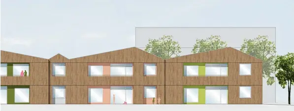  ?? Foto: Entwurf 3+architekte­n ?? Schön, aber auch sehr teuer: So soll das neue Rehlinger Kinderhaus aussehen, die Skizze zeigt die Südansicht. Das Gebäude ist wie ein Block aus mehreren Einzelhäus­ern aneinander­gereiht, 49 Meter lang und 14 Meter breit mit Holzfassad­e. Rechts hinter...