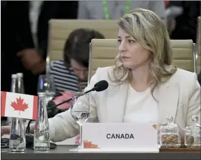  ?? The Canadian Press ?? Canada’s Foreign Minister Melanie Joly attends the G20 foreign ministers’ meeting in New Delhi Thursday. Joly and her Chinese counterpar­t have had a testy exchange over Joly raising concerns that Beijing’s envoys may be interferin­g in domestic matters.