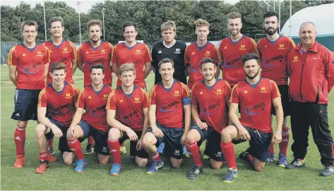  ??  ?? City of Peterborou­gh before their 5-2 home defeat at the hands of St Albans. Back row, left to right, Ben Read, Adam Drake, Joe Finding, Alex Armstrong, Cameron Goodey, Ross Ambler, MattPorter, Ben Newman, Mike Yeoman (coach). Front, James Fisher, Sam...