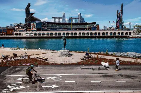  ?? Photos by Yalonda M. James/The Chronicle ?? China Basin Park at Mission Rock is located near Oracle Park, the Giants’ ballpark. The 5-acre park debuted before the baseball team’s home opener on April 5.