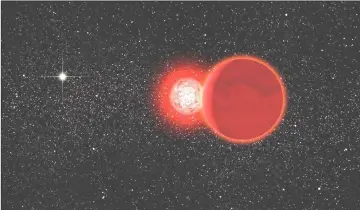  ??  ?? An artist’s conception of Scholz’s star and its brown dwarf companion during its flyby of the solar system 70,000 years ago. The Sun, the small white light in the background, would have appeared as a brilliant star. — Graphic by Michael...