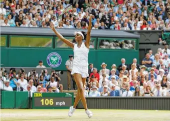  ?? ASSOCIATED PRESS ?? Venus Williams celebrates after beating Britain’s Johanna Konta in the Wimbledon semifinals Thursday in London