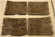  ??  ?? Right: Some of the writing tablets, which allow a rare insight into the lives of people living and working at this settlement nearly 2,000 years ago. The local people are described on one of the tablets as Brittuncul­i, a patronisin­g term meaning...