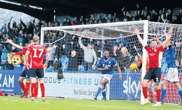  ?? Peter Hilton Photograph­y ?? Nathan Cameron celebrates after scoring to make it 2-2 against Crewe at the Moss Rose on Saturday