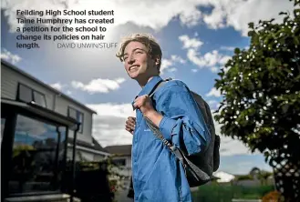  ?? DAVID UNWIN/STUFF ?? Feilding High School student Taine Humphrey has created a petition for the school to change its policies on hair length.