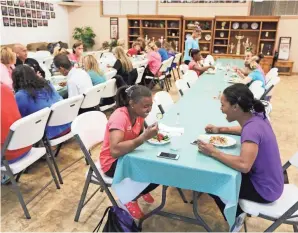  ?? ERICH SCHLEGEL, USA TODAY SPORTS ?? Gabby Douglas, bottom right, eats with other gymnasts in the dining room at the Karolyi ranch in 2015.