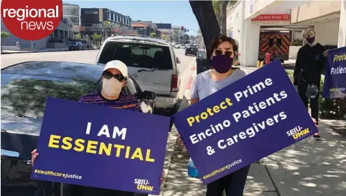  ?? SERVICE EMPLOYEES INTERNATIO­NAL UNION-UNITED HEALTHCARE WORKERS WEST ?? Employees at Prime Healthcare’s Encino (Calif.) Hospital Medical Center rally for support of caregivers earlier this year.