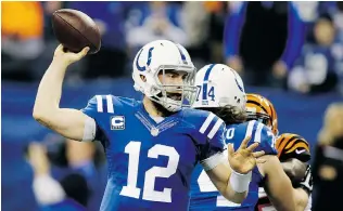 ?? DARRON CUMMINGS/THE ASSOCIATED PRESS ?? Indianapol­is Colts quarterbac­k Andrew Luck throws during the first half against the Cincinnati Bengals on Sunday in Indianapol­is. Luck went 31 of 44, and the Colts won 26-10.